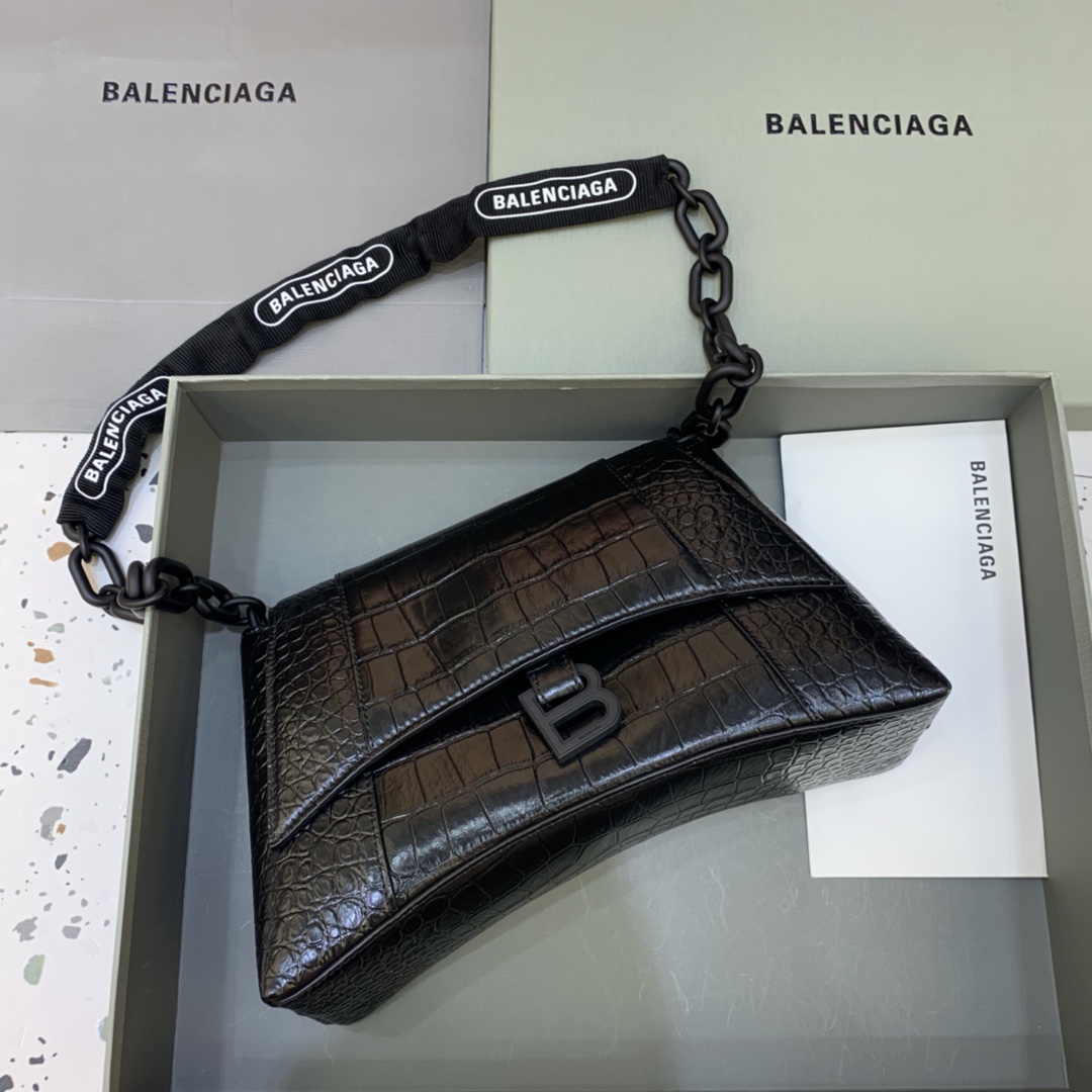 Balenciaga Downtown Small Shoulder Bag With Chain Crocodile Embossed Black